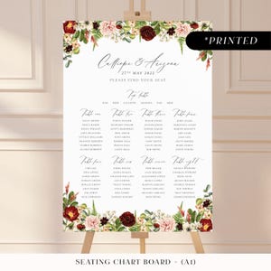 Bourgondische herfst groot bord met tafelkaart, gedrukte tafelplattegrond met herfstbloemen, humeurige bloemen met varens bruiloft plattegronden