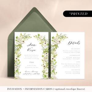 Green flower arch wedding invitations, floral arch printed invites, lush botanical foliage wedding invitation and information cards