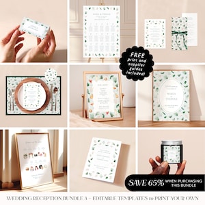 May include: A wedding reception bundle with editable templates for printing your own signage. The bundle includes a welcome sign, seating chart, order of the day, bar menu, and place cards. The designs feature a watercolour style with green leaves and white flowers.