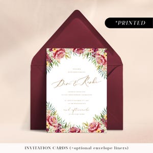Burgundy fall wedding invitations with peonies, autumnal printed invites, floral maroon wedding invitation cards