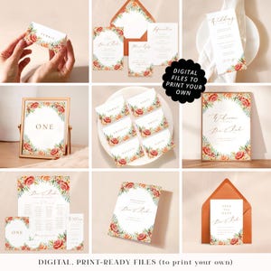 Burnt orange fall wedding stationery printable PDFs, professionally designed autumnal floral wedding cards, orange peony print your own