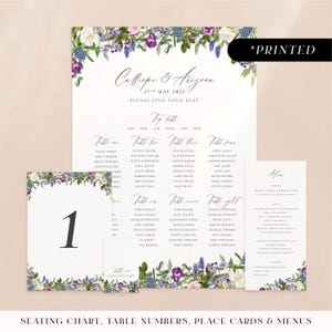Purple spring florals wedding reception stationery, printed day-of stationery, amethyst and green garden wedding reception card set