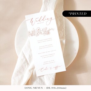 Menú de recepción de boda en rosa ruborizado, tarjetas de menú impresas + flores vintage románticas, menú de boda minimalista en rosa suave, desayuno de boda