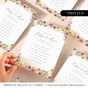 Chronologie de la cérémonie de mariage florale colorée, fleurs printanières imprimées dans l'ordre du jour, cartes d'itinéraire botanique estival personnalisées