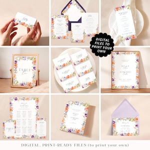 Purple and peach wedding stationery printable PDFs, professionally designed spring wedding cards, lilac and coral floral print your own