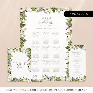 Black, white and green moody floral wedding stationery, personalised monochrome day-of stationery, printed wedding reception card set