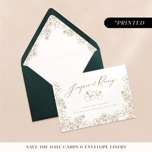 Minimal gold wedding save the date cards with tropical flowers, typographic printed save the dates, save our date cards