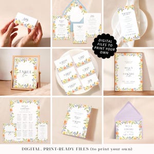 Pastel flowers wedding stationery printable PDFs, professionally designed romantic vintage floral cards, pastel wildflower print your own