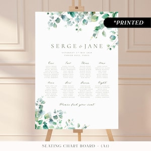 Eucalyptus leaves large seating chart sign, natural rustic printed table plan board, botanical foliage garden wedding seating plan cards