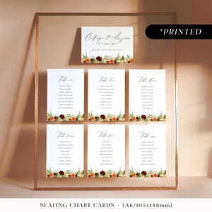 Burnt orange and deep burgundy large seating chart, autumnal floral printed table plan board, rustic fall wedding seating plan