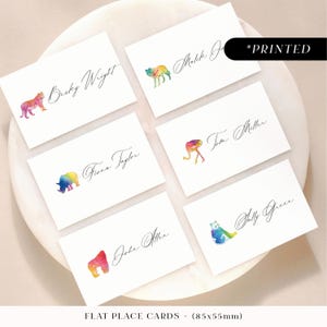 Tarjetas de lugar para bodas con animales del zoológico en acuarela, tarjetas con los nombres de los invitados impresas en colores vivos, tarjetas de lugar de vida silvestre planas o dobladas, brillantes y llamativas.