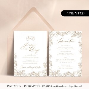 Minimal gold wedding invitations with tropical flowers, typographic printed invites, invitation and details card