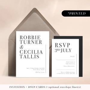 Minimal modern wedding invitations, bold typographic printed invites, simple monochrome invitation and rsvp cards