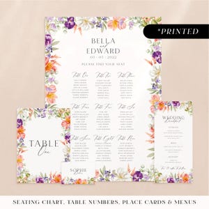 Purple and peach wedding reception stationery, romantic spring day-of stationery, lilac and coral floral garden wedding reception card set