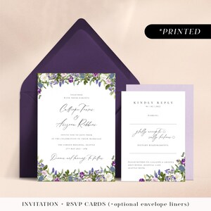 Purple spring florals wedding invitations, printed invites, amethyst and green garden wedding wedding invitation and rsvp cards