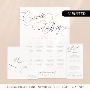 Minimal modern wedding invitations, swirly cursive font printed day-of stationery, classic monochrome wedding reception cards