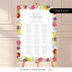 Groot bord met kleurrijke bloemen, tafelplattegrond met felle bloemen, gedurfde zomerse plattegrondkaarten voor bruiloften