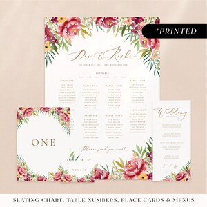Burgundy fall wedding reception stationery with peonies, autumnal personalised printed day-of stationery, wedding reception card set