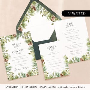 Winter pinecone wedding invitations, natural rustic pine printed invites, festive Christmas wedding invitation, details & rsvp cards
