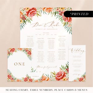 Burnt orange fall wedding reception stationery, autumnal floral printed day-of stationery, warm orange peony wedding reception card set