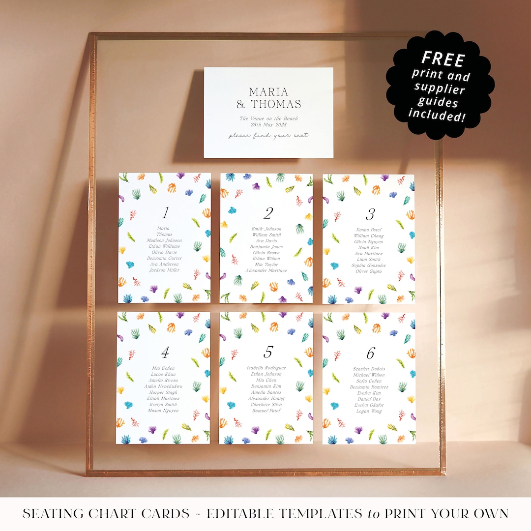 Editable Wedding Table Plan Sign Cards. Small Underwater Seating Chart ...