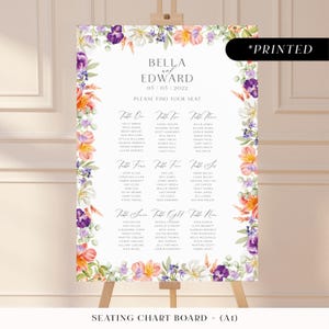 Groot bord met paarse en perzikkleurige zitplaatsen, romantisch bedrukt tafelbord met voorjaarsprint, lila en koraalrode bloementuin bruiloft plattegronden