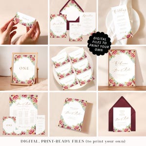 Burgundy fall wedding stationery printable PDFs, professionally designed autumnal cards, floral maroon print your own files