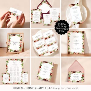 Blush pink & deep burgundy wedding stationery printable PDFs, professionally designed romantic floral wedding cards, print your own files