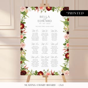 Groot bord met bordeauxrood en bordeauxrood, romantische tafelplattegrond met bloemenprint, vintage roos bruiloft plattegrond