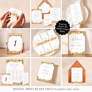 Citrus orange & lemon wedding stationery printable PDFs, professionally designed floral wedding cards, bright summery print your own files