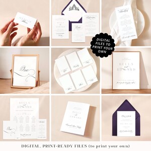 Minimal modern wedding stationery printable PDFs, professionally designed swirly cursive font wedding cards, monochrome print your own