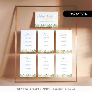 Green eucalyptus large seating chart sign, botanical foliage printed table plan cards, rustic garden wedding seating plan