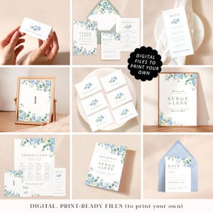 Eucalyptus leaves wedding stationery printable PDFs, professionally designed sage green and dusty blue cards, vintage rose print your own