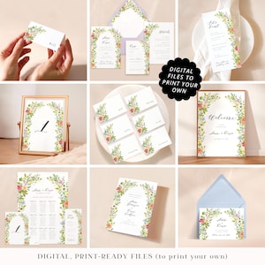 Colourful flower arch wedding stationery printable PDFs, professionally designed floral wedding cards, botanical foliage print your own file