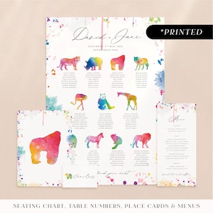 Watercolour zoo animal wedding reception stationery, colourful printed day-of stationery, bright & bold wildlife wedding reception card set