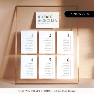 Minimal modern large seating chart sign, bold typographic printed table plan board, simple monochrome wedding seating plan cards