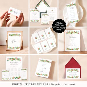 Winter wedding stationery printable PDFs, professionally designed red & green wedding cards, festive botanical Christmas print your own file