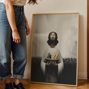 Feeding the 5000, Jesus with Loaves and Fish, Biblical Art, Inspirational Christian Print, Modern Religious Decor, Faith Wall Art
