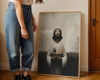 Feeding the 5000, Jesus with Loaves and Fish, Biblical Art, Inspirational Christian Print, Modern Religious Decor, Faith Wall Art