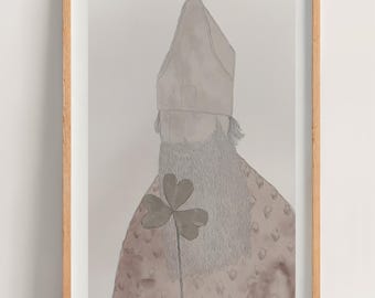 Illustrazione di San Patrizio, con trifoglio in mano, stile minimalista, perfetta per le decorazioni del giorno di San Patrizio, download digitale dell'arte