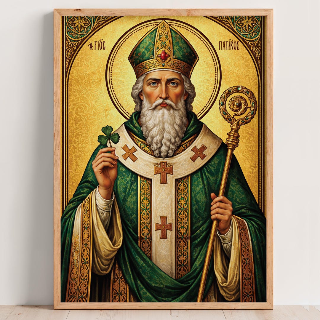 St. Patrick Religious Icon Pattern Saint Patrick in Bishop Robes, Holding Shamrock, Ornate Background ...