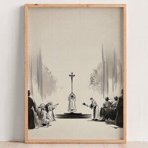 Peut inclure: Une impression encadrée présentant une illustration en noir et blanc d'une cérémonie religieuse. L'œuvre représente des personnages en robes rassemblés autour d'une figure centrale tenant une croix. Le style rappelle un croquis ou un dessin à l'encre.