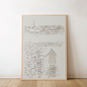 Jesus walks on Water soft wash art Bible sketch Peter walking with Jesus calming storm scene Christian spiritual faith digital artwork