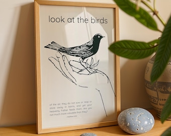 Look at the Birds of the Air Boho Wall Art Verse Matthew 6 26 Consider the Lilies Neutral Bible Quote Christian Decor Print