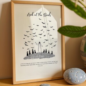 Look at the Birds of the Air Muted Illustration Verse Matthew 6 26 Consider the Lilies Faith Wall Art Christian Typography Decor