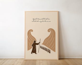 Moses Parting the Red Sea Digital Print, The Exodus Old Testament Wall Art, Biblical Miracle Scene Printable, Verse, Clean Outline