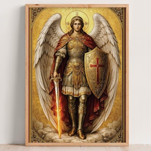 Peut inclure: Une impression encadrée d'un ange, vêtu d'une armure dorée, d'une cape rouge et de grandes ailes blanches. L'ange tient une épée et un bouclier avec une croix rouge. Le fond est doré avec des détails ornés.