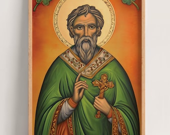 Arte icónico de San Patricio, celebración de la herencia irlandesa, simbolismo del trébol, descarga digital religiosa, paleta verde y dorada