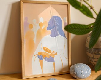 Feeding of 5000, Christian Wall Art, Jesus Illustration, Bible Story Art, Minimalist Religious Decor, Inspirational Gift, Modern Christian