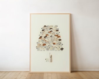 Jesus Leaves the 99 Neutral Tones Christian Illustration Lost Sheep Parable Good Shepherd Art Minimalist Sketch Modern Printable